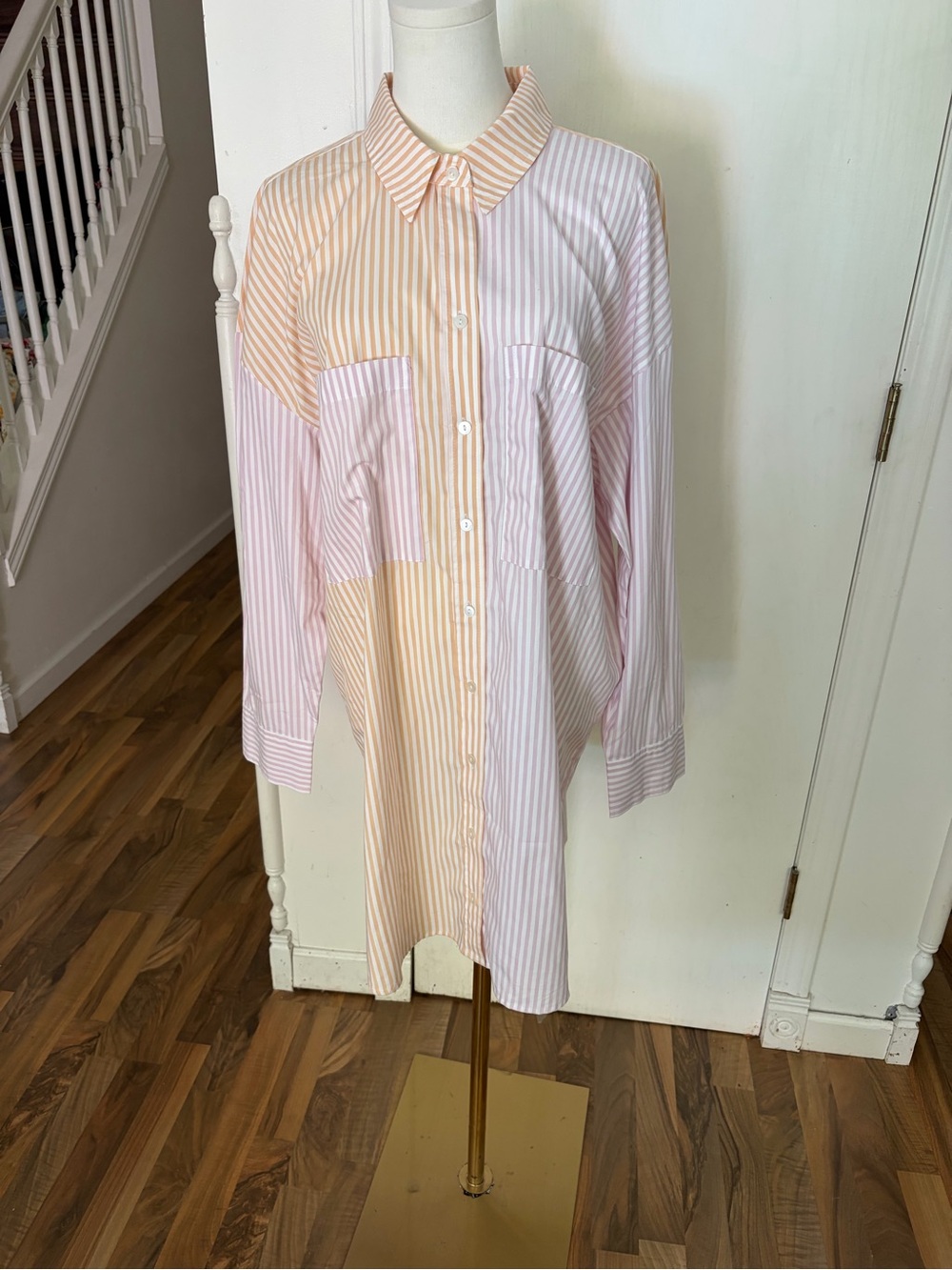 Abercrombie & Fitch Button Down Striped Shirtdress Tunic in Pink and Peach, L